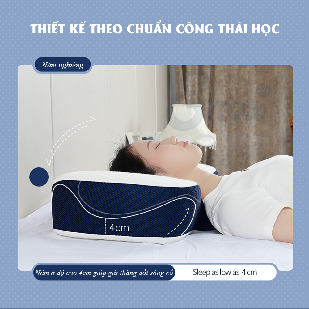 Gối cao su non công thái học chống đau vai ngáy, ngủ ngáy, hỗ trợ ngủ nhanh EMA- Thiết kế riêng biệt cho tư thế nằm ngửa và nằm nghiêng