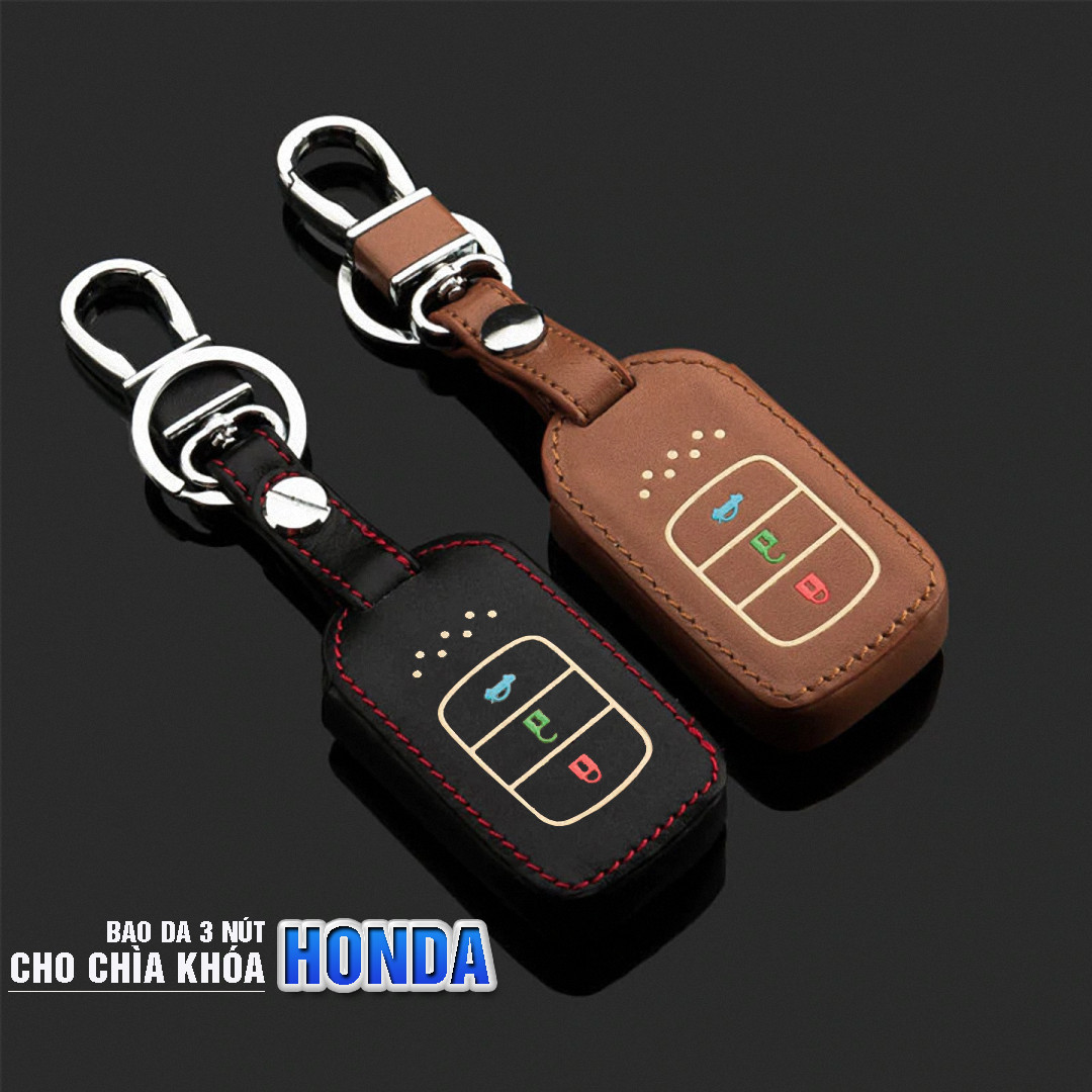 Cho xe Honda, bao da chìa khóa ô tô 3 nút dạ quang kiêm móc khóa chất liệu da, Inox MIHOCO Honda 3N/ Hàng chính hãng