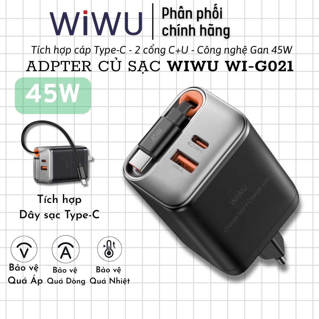 Adapter cóc củ sạc nhanh 67W PD USB C + USB-A 3.0 kèm dây sạc Type-C PPS chống cháy hiệu WIWU Helix Fast Charger cho iPhone iPad Oppo Samsung - Hàng nhập khẩu