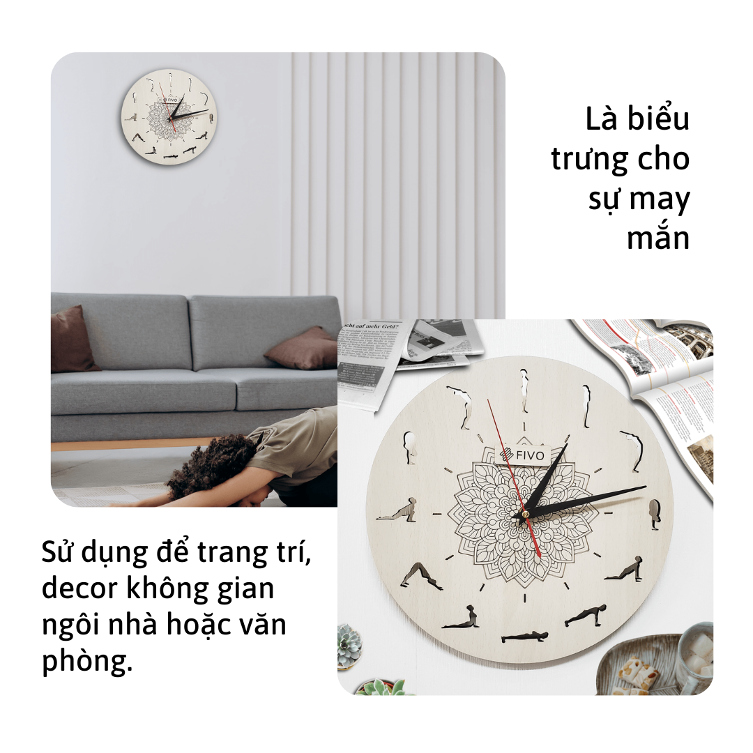 Đồng Hồ Treo Tường Gỗ Đẹp Decor Trang Trí, Hiện Đại Thương Hiệu FIVO Mẫu FW09 Trang Trí Phòng Khách Hình Tròn Họa Tiết Yoga