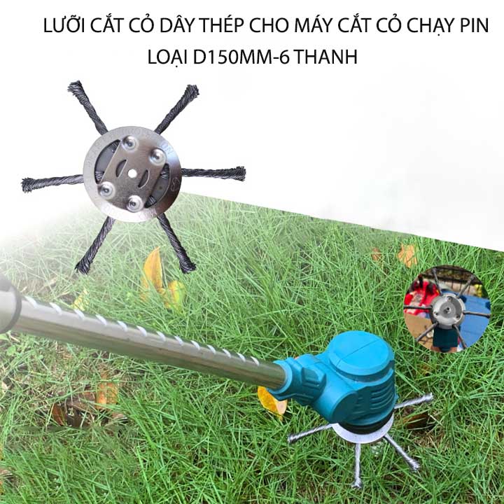 Lưỡi cắt cỏ tận gốc dùng cho máy cắt cỏ chạy pin, loại 6 dây thép, d150mm