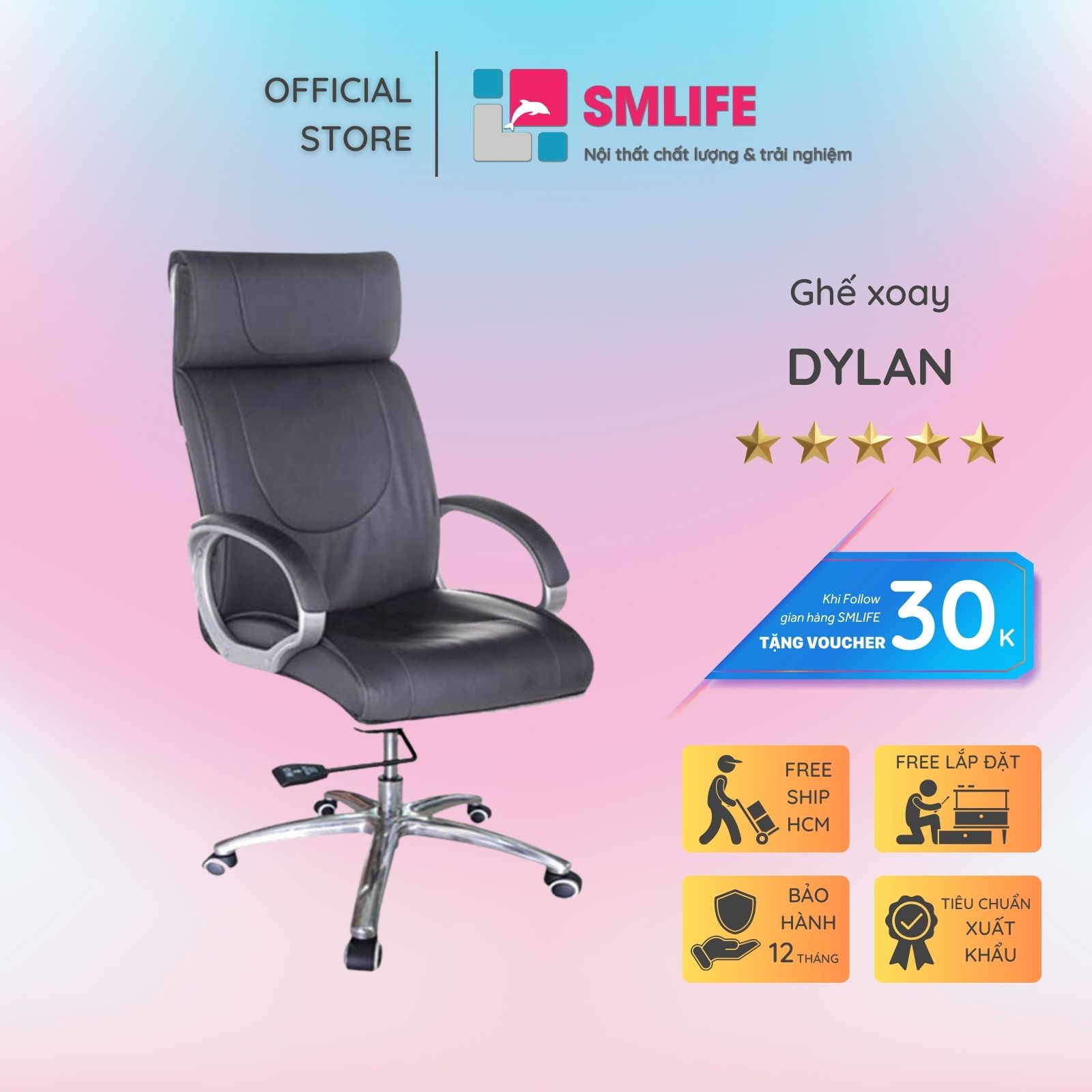 Ghế xoay văn phòng lưng cao bọc PU SMLIFE Dylan
