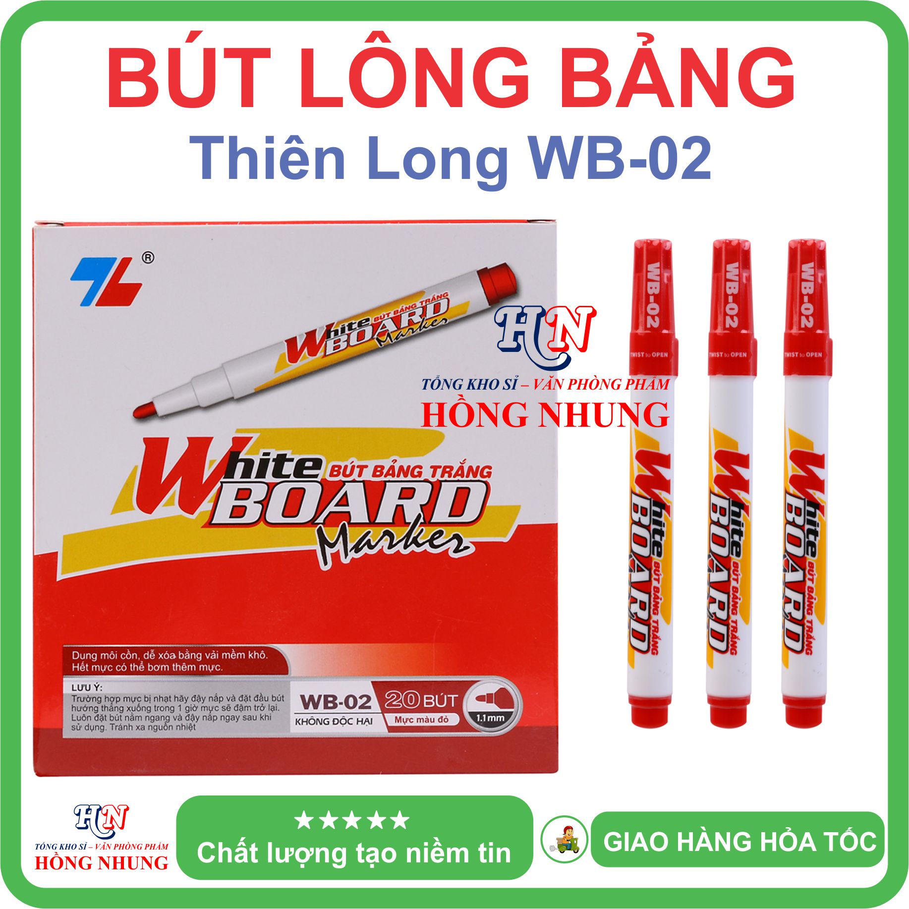 [SÉT] COMBO Hộp 20 Bút Lông Bảng Trắng WB-02, Mực êm đều, dễ lau chùi