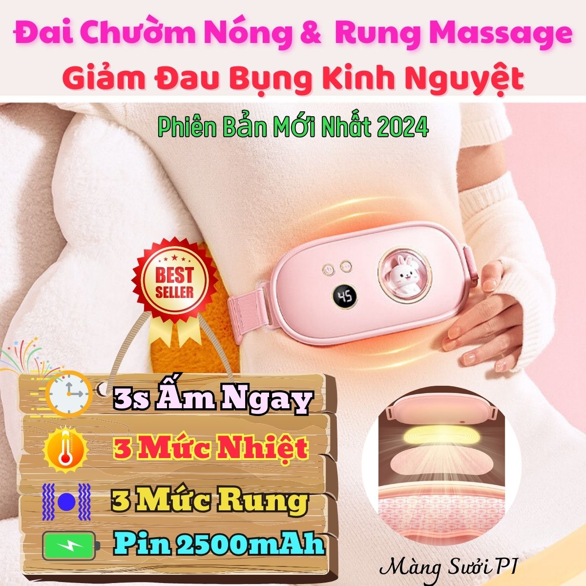 Đai chườm nóng và massage bụng giảm đau bụng kinh nguyệt cho nữ đến kì với 3 mức độ nóng cực nhanh và massage  tiện lợi, Thời Lượng Pin Dài Mới Nhất 2024