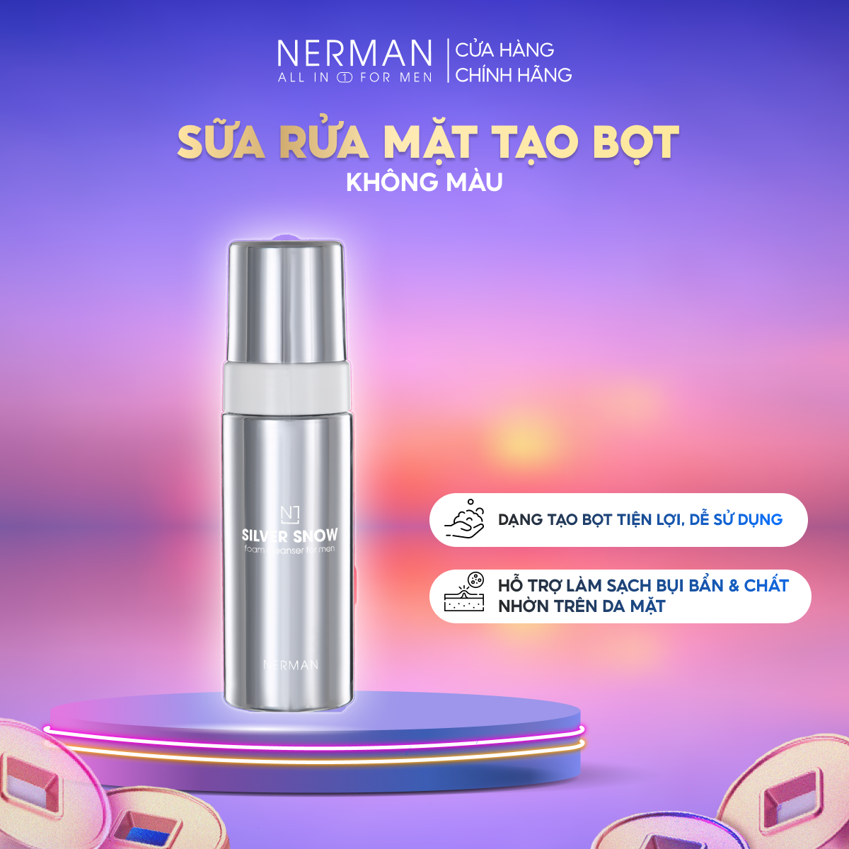 Gel rửa mặt ngăn ngừa mụn Nerman Nano Curcumin 60s Fresh dành riêng cho nam làm sạch sâu, ngăn ngừa vi khuẩn gây mụn 100ml – Sữa rửa mặt tạo bọt 2in1 Nano bạc Nerman Silver Snow