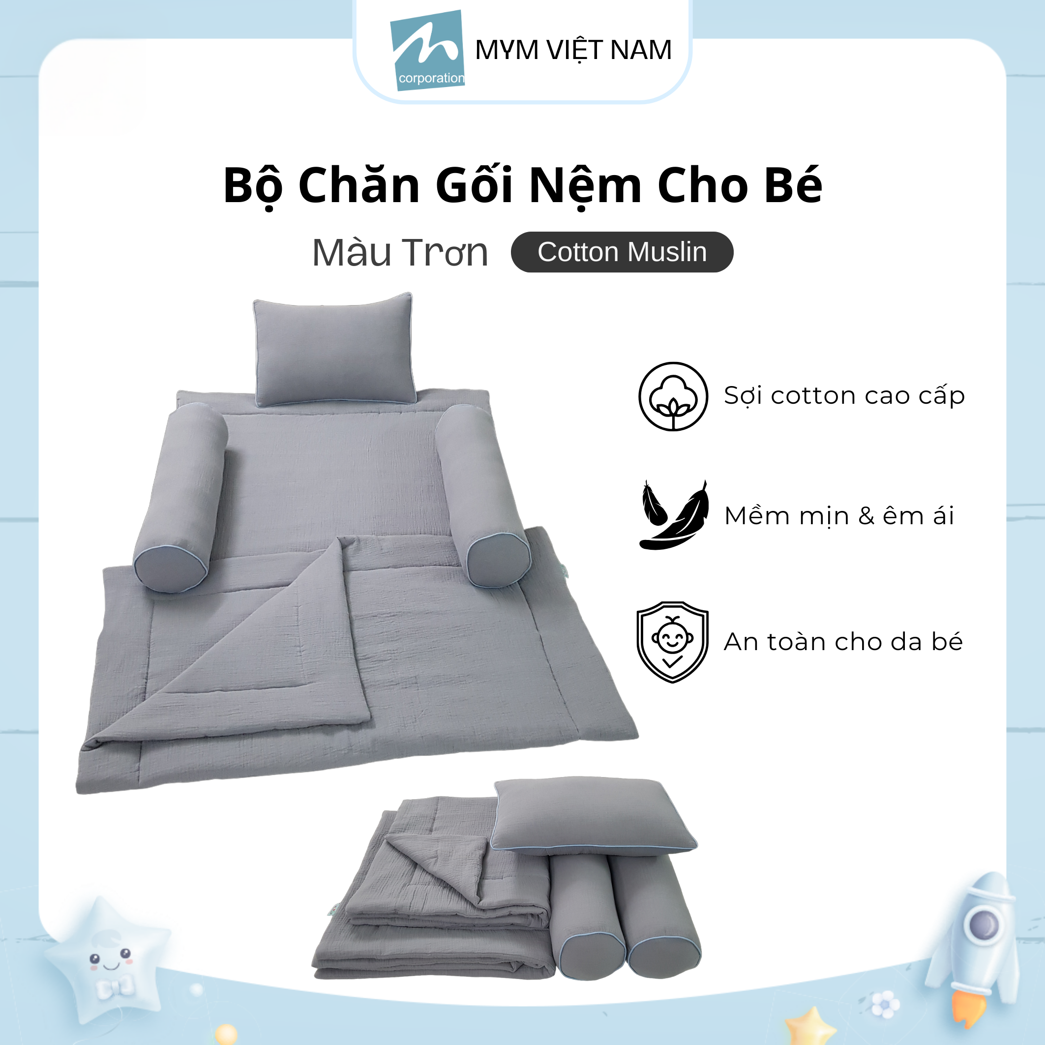 Bộ chăn gối cho bé MYM vải xô Muslin cao cấp thoáng mát thấm hút tốt an toàn cho làn da của bé