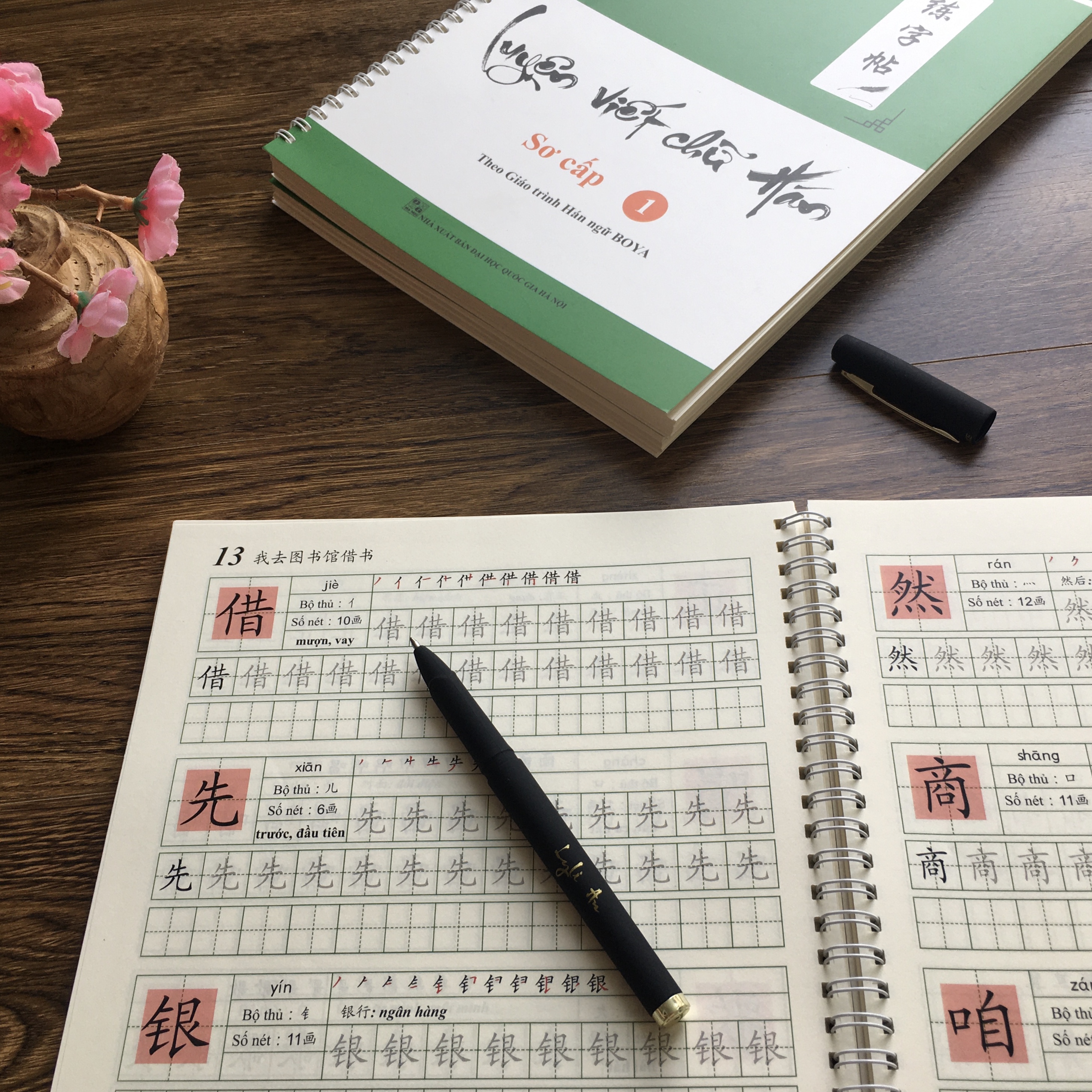 Combo vở Luyện viết chữ Hán Sơ cấp 1 (Theo Giáo trình Hán ngữ BOYA) - kèm bút + vở ô Điền ô Mễ