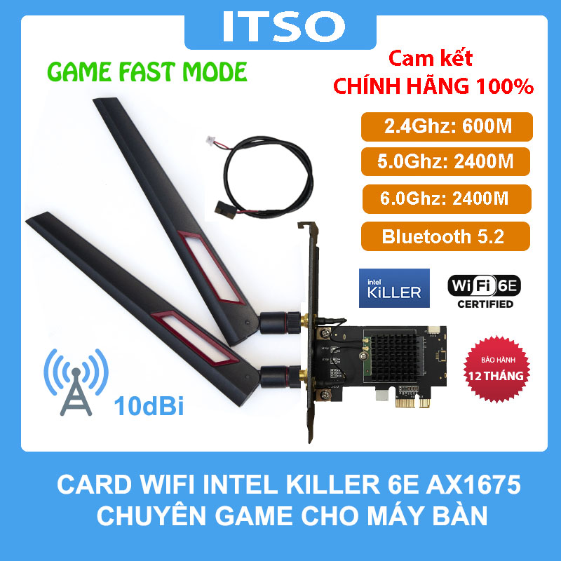 Card WIFI dùng chip Intel Killer 6E AX1675 khe PCI tích hợp Bluetooth 5.2 có tản nhiệt - Hàng nhập khẩu
