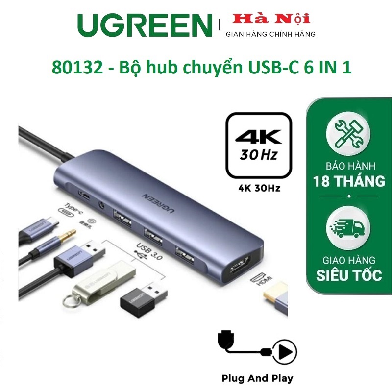 Bộ Chuyển USB C 6 in 1 UGREEN 80132 USB C to 3 USB 3.0+HDMI 4K + Audio 3.5mm hỗ trợ Mic + PD 100W hàng chính hãng