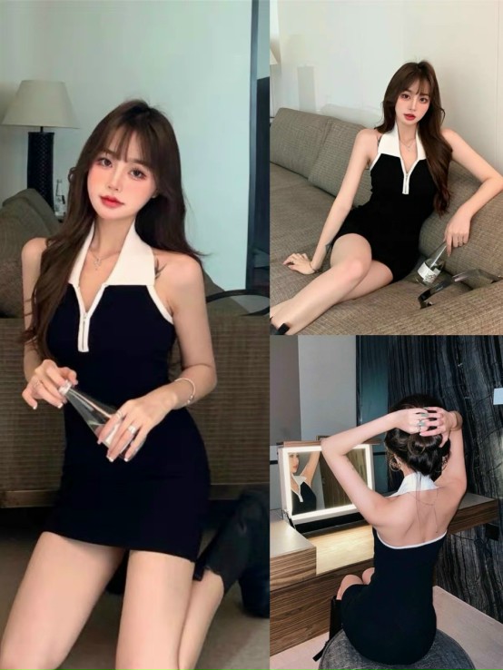 Váy body yếm phối khóa kéo chất thun cotton thời trang XIXO cao cấp sang mịn đẹp