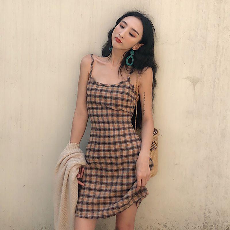 Đầm Nữ Hai Dây Kẻ Sọc Caro Thời Trang