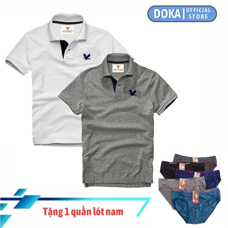 Áo Polo Nam Ngắn Tay Có Cổ Tặng Quần Lót Nam Cao Cấp , Combo 2 Áo, Dokafashion Regular Fit Chuẩn Hàng Xuất, Áo Phông Thun Polo Nam Tay Ngắn Ez235 - Trắng - Xám Đậm - L