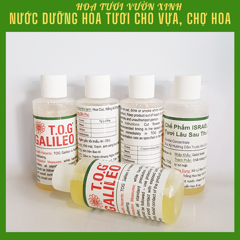 Nước Dưỡng Hoa Lâu Tàn Tại Vựa Bán Hoa Tươi Nhập Khẩu Israel TOG Galileo Giúp Kiềm Hoa Không Nở Tại Vựa Và Không Thay Nước Trong Xô 5 Ngày Liên Tục. Chai 1 lít và chai 100ml
