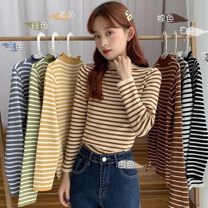 Áo Sweater Dệt Kim Cổ Lọ Kẻ Sọc Xinh Xắn Cho Nữ