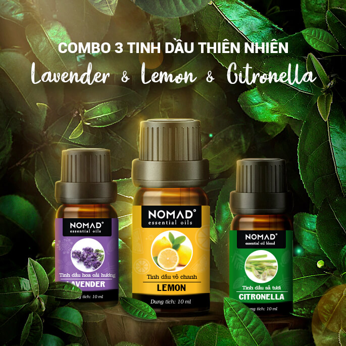 Combo 3 Tinh Dầu Nguyên Chất Nomad: Tinh Dầu Hoa Oải Hương  + Tinh Dầu Vỏ Chanh  + Tinh Dầu Sả Tươi