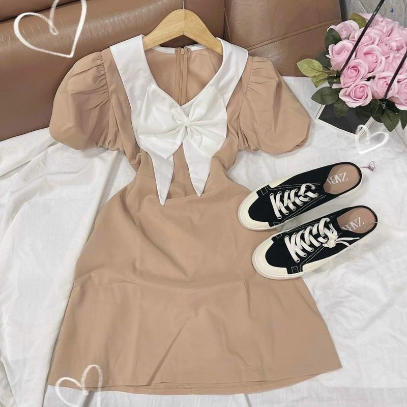Đầm nude tay bồng cổ nơ trắng đi tiệc đám cưới, đi chơi, du lịch TKN