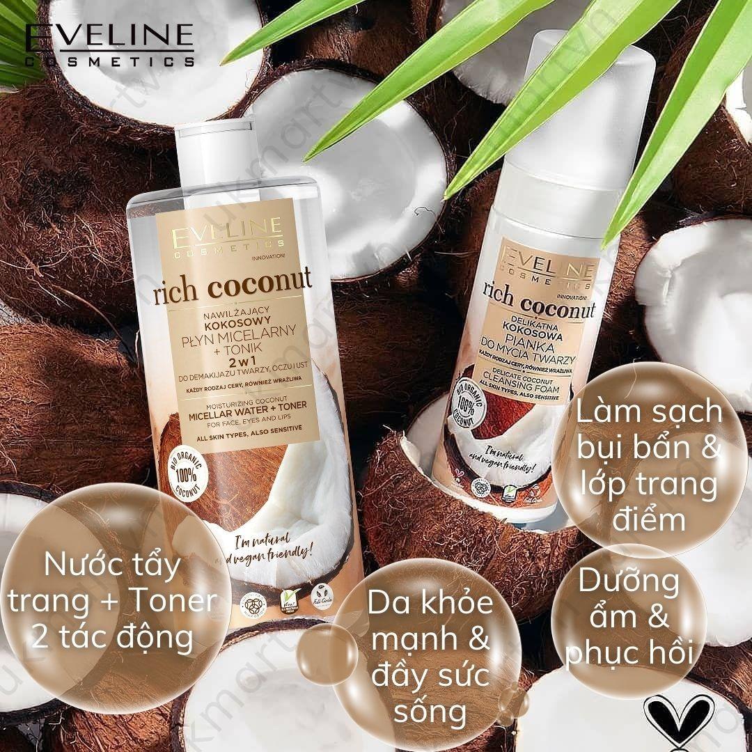 [Deal 99k] Nước tẩy trang Eveline Rich Coconut dưỡng ẩm tinh dầu dừa 2 tác động 500ML