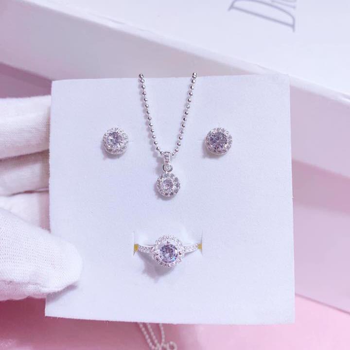 Bộ vòng cổ khuyên tai nhẫn bạc gắn đá trắng