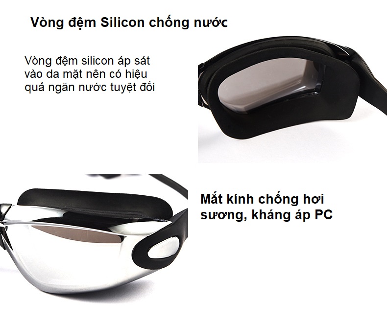 Bộ Kính Bơi Nam Người Lớn Chuyên Nghiệp. Tráng Gương Chống Tia UV, Chống Mờ Chống Nước. Tặng kèm Mũ (Nón) Bơi, Nút Bịt Tai, Kẹp Mũi Silicon. Có Hộp Đựng, Túi Đựng Tiện Dụng.