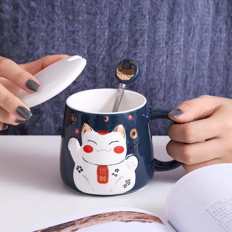 Cốc Sứ Uống Nước Mèo Thần Tài Chiêu May Mắn - Ly Uống Cafe Có Nắp , Văn Phòng, Quà Tặng Tân Gia