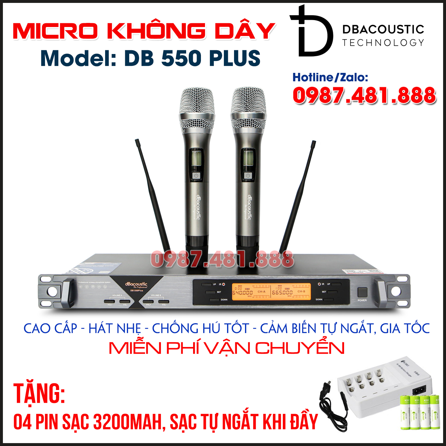 Micro không dây cao cấp DB Acoustic Model DB 350 Plus - Tặng 04 pin sạc, bộ sạc tự ngắt khi đầy - Hàng Chính Hãng