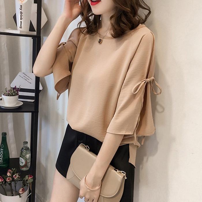 Áo kiểu nữ cổ tròn chiffon tay thắt lơ điệu đà LAHstore, thời trang hè thu 2022 - Màu da