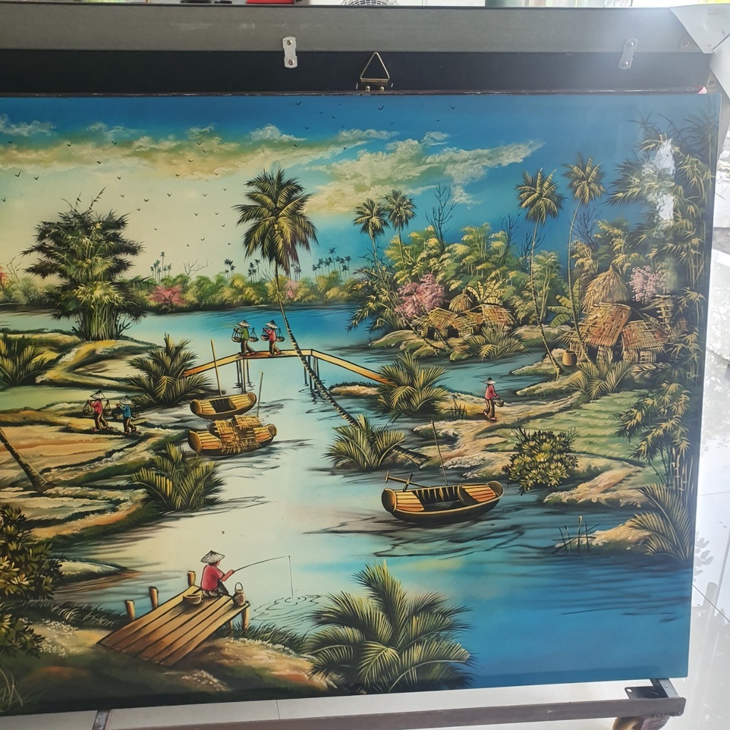Tranh sơn mài cảnh làng quê Việt Nam, cảnh đồng quê 80x160 cm