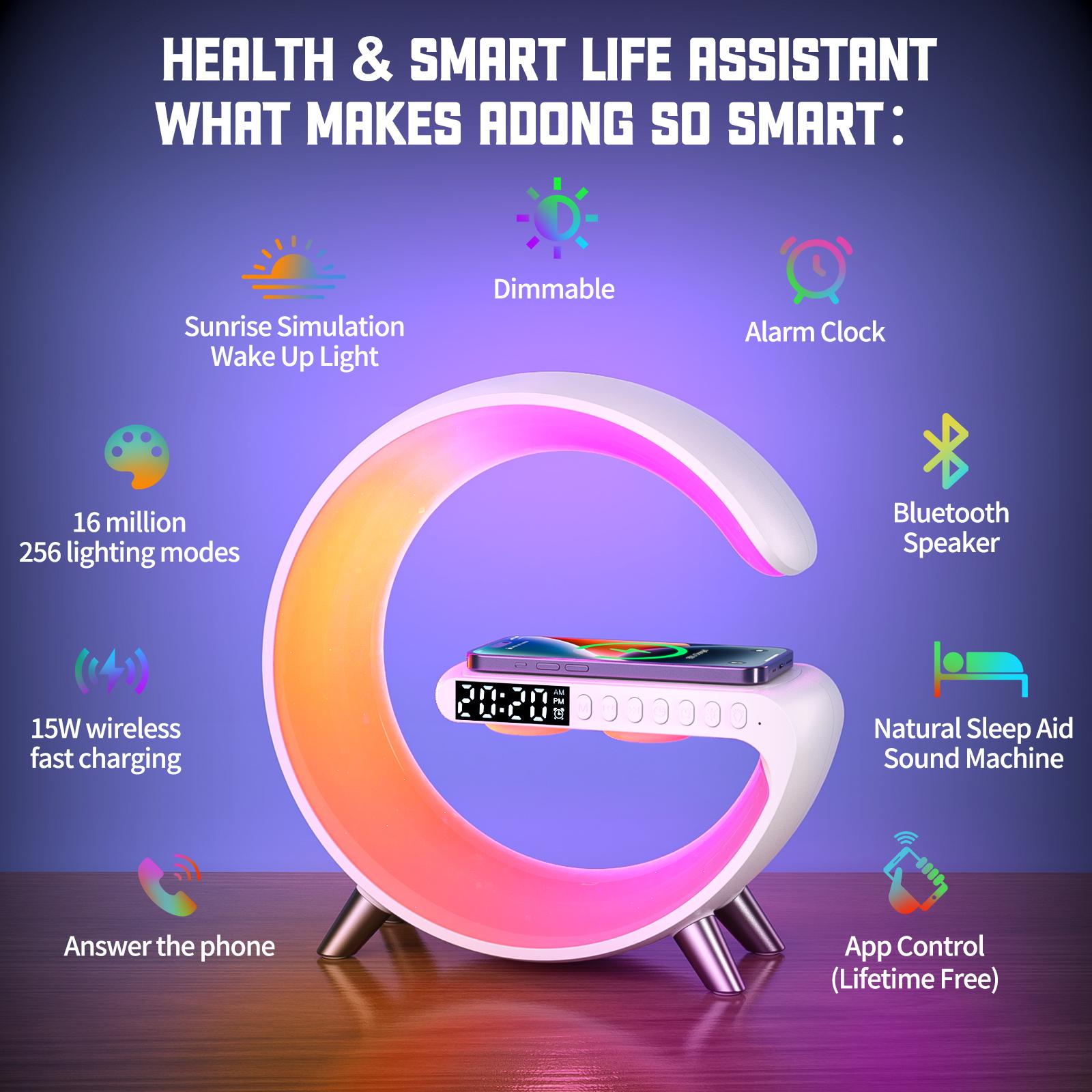 Sạc Không Dây Đa Năng Đồng Hồ Báo Thức Loa Bluetooth Ứng Dụng Điều Khiển RGB Đế Sạc Cho Iphone 13 14 Samsung, quà Tặng Color: white