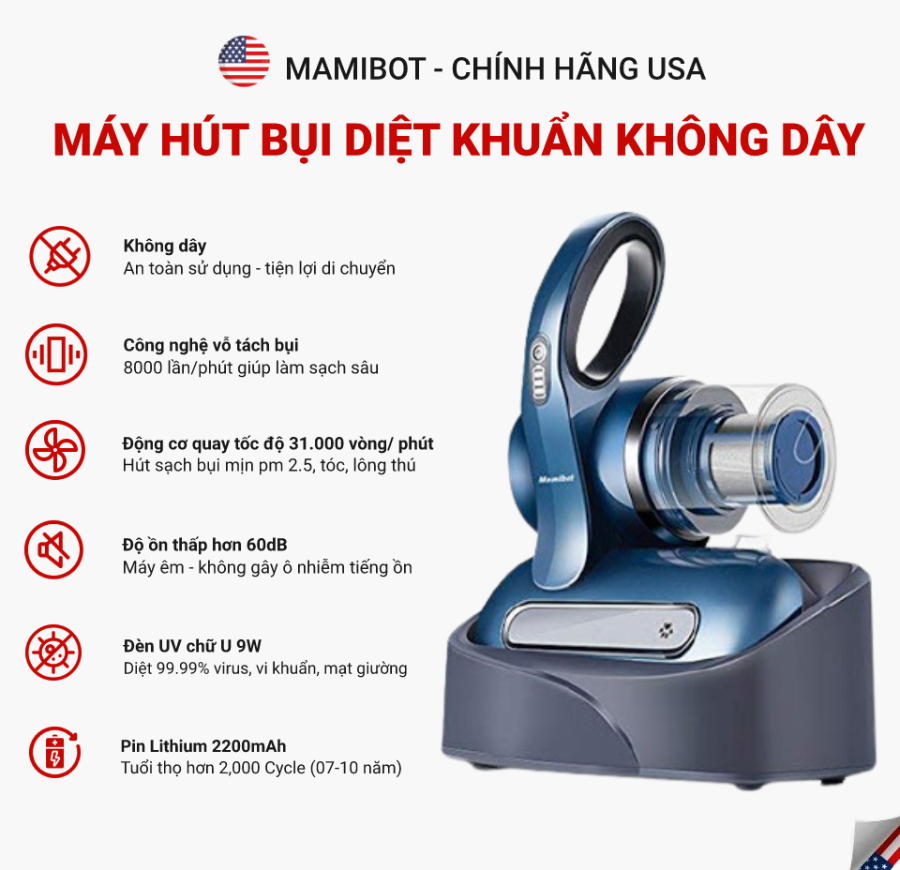 Máy hút bụi diệt khuẩn giường nệm Mamibot Uvlite100 - Hàng chính hãng