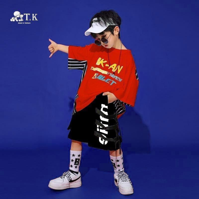 MS: 210578 - Đồ bộ bé trai, bé gái, kiểu dáng HipHop cá tính, sành điệu, thun cotton ngắn tay - GiaKhang (Màu đỏ)