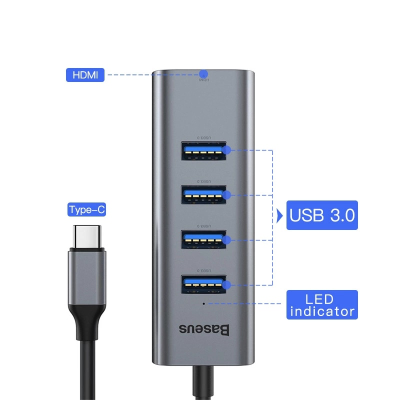 Hub Chuyển Đổi Type C to USB 3.0 và HDMI Enjoy Series cho Smartphone/ Tablet / Laptop Windows/ Mác Búc (Type C to USB 3.0 x4 Ports + HDMI 4K intelligent HUB Adapter ) - Hàng Chính Hãng Baseus