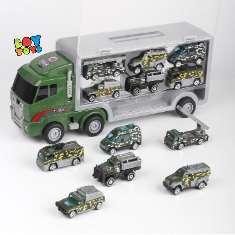 Đồ chơi xe container chở 6 xe hợp kim cứu hỏa, cảnh sát, quân sự, kĩ thuật mẫu mới có quai xách tiện lợi