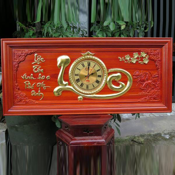 Tranh đồng hồ gỗ Hương đỏ chữ Lộc mạ vàng cao cấp dày 3cm