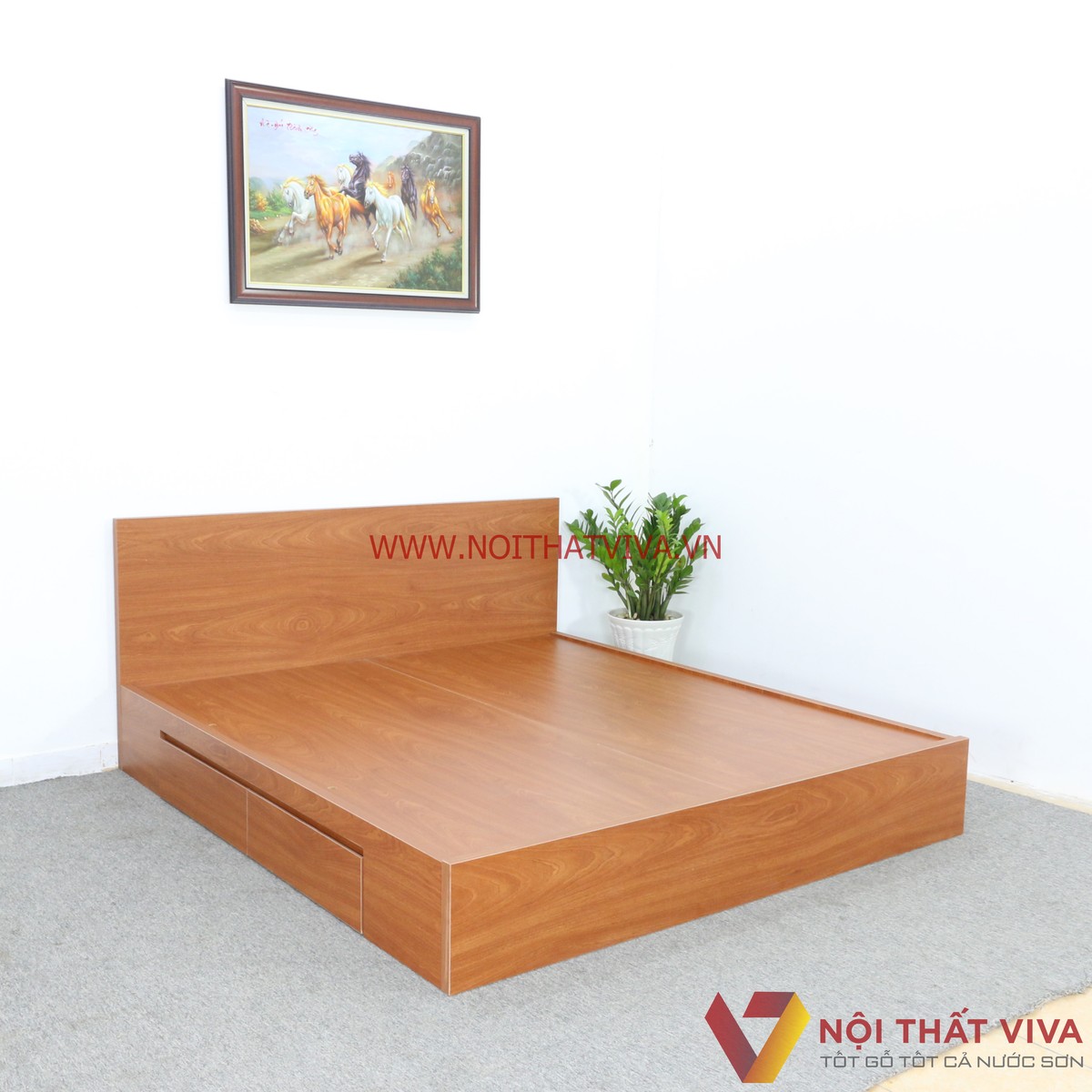 Giường Ngủ Gỗ MDF Melamine Ngăn Kéo Màu Xoan Đào