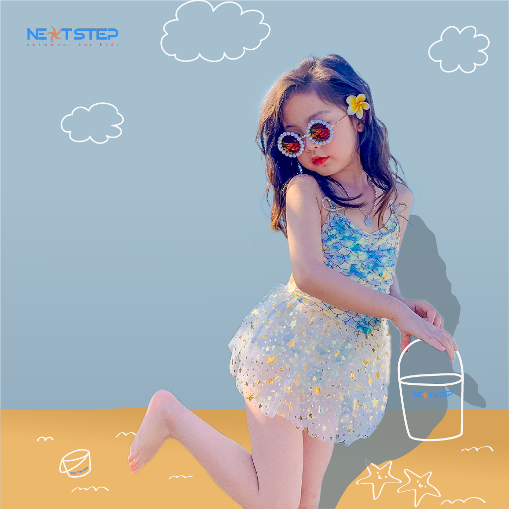 Đồ bơi trẻ em, đồ bơi bé gái, đồ bơi Bikini chân váy ren lưới họa tiết vảy cá siêu xinh