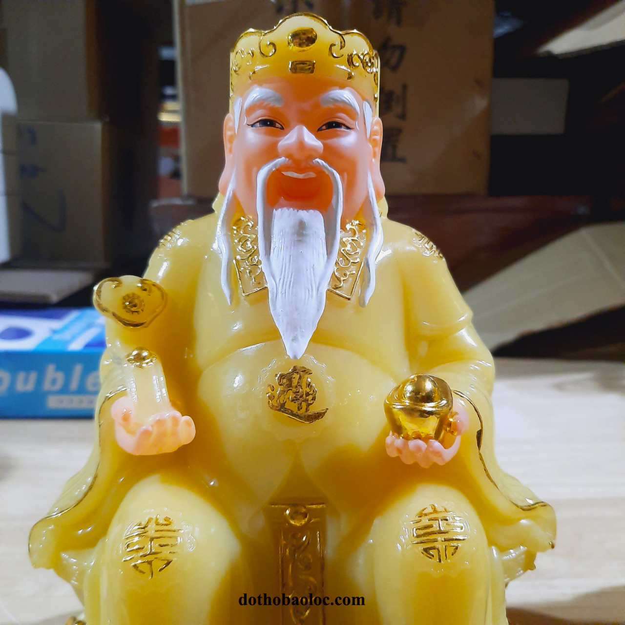Cặp tượng thần tài ông địa đá cao cấp nhập khẩu Đài Loan màu vàng cao 21cm
