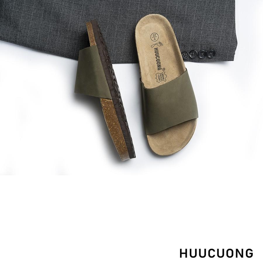 Dép unisex Huucuong 1 quai da bò rêu đế trấu handmade