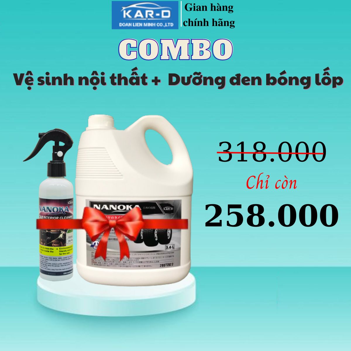 Combo 2 chai Vệ sinh nội thất ô tô Nanoka 250ml và Dướng đen bóng lốp Nanoka 3,6L