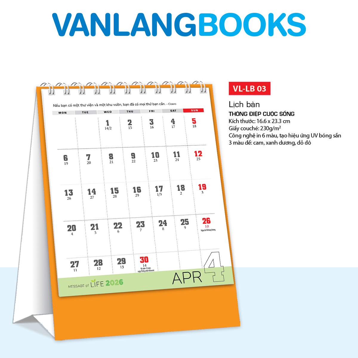 Lịch Bàn 2026 – Thông Điệp Cuộc Sống | Lịch Để Bàn Vanlangbooks | Mã: VLLB03B - Màu Cam