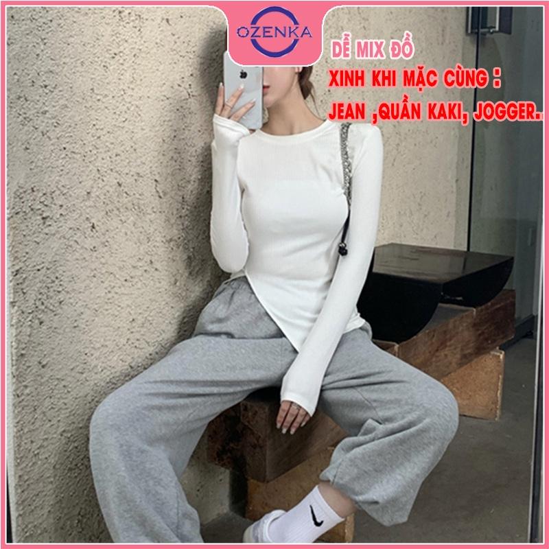 Áo thun croptop nữ tay dài sẻ gấu , ao crt ôm body phong cách Hàn Quốc chất cotton lụa màu đen trắng dưới 52 kg