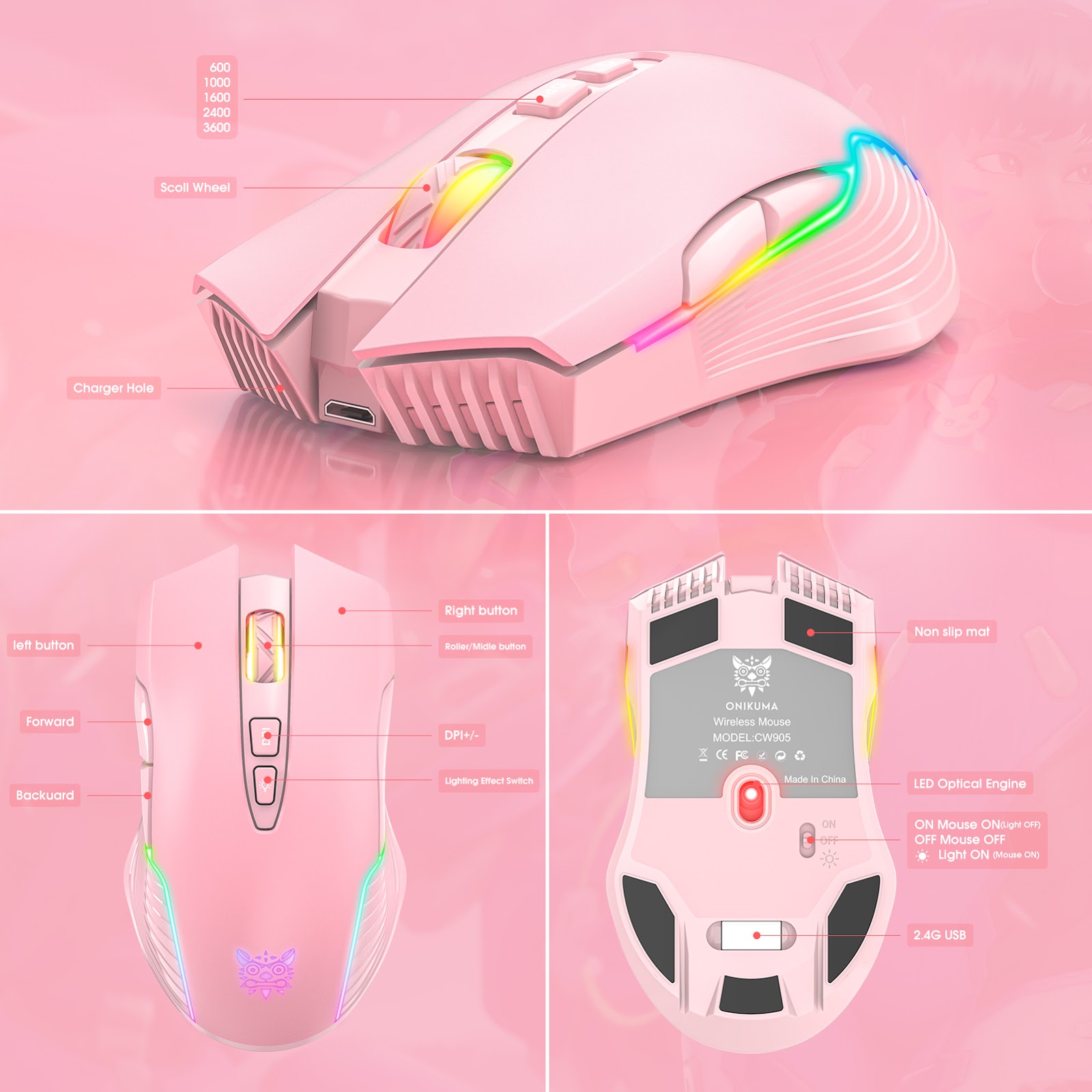 Combo Onikuma Gaming 2 Không Dây (Tai Nghe B90 Black + Chuột CW905 wireless 2.4G Black) - Hàng Chính Hãng