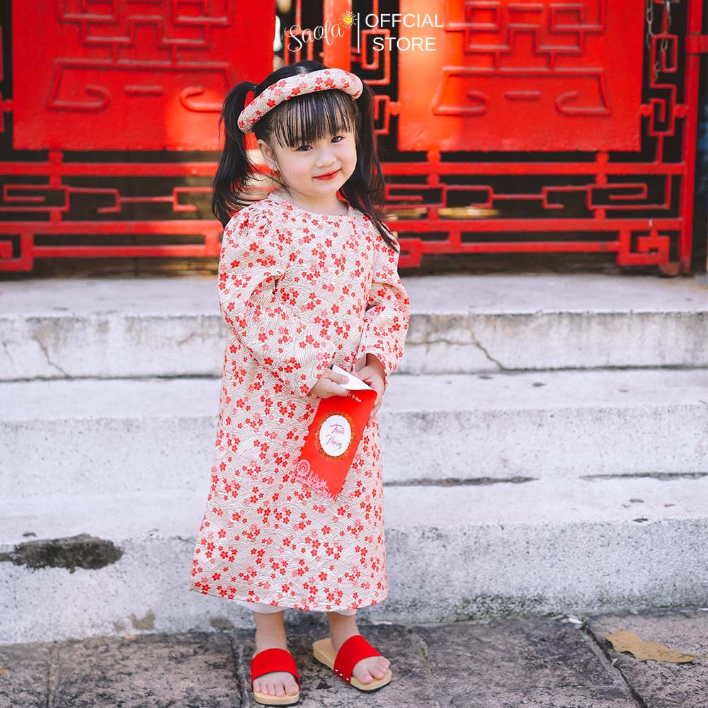 Áo Dài Tết Cách Tân Cho Bé Gái Hoạ Tiết Hoa Nhí [Tặng Kèm Mấn] - Áo Dài &quot;An&quot; - AD006 - SAOLA KIDS CLOTHING