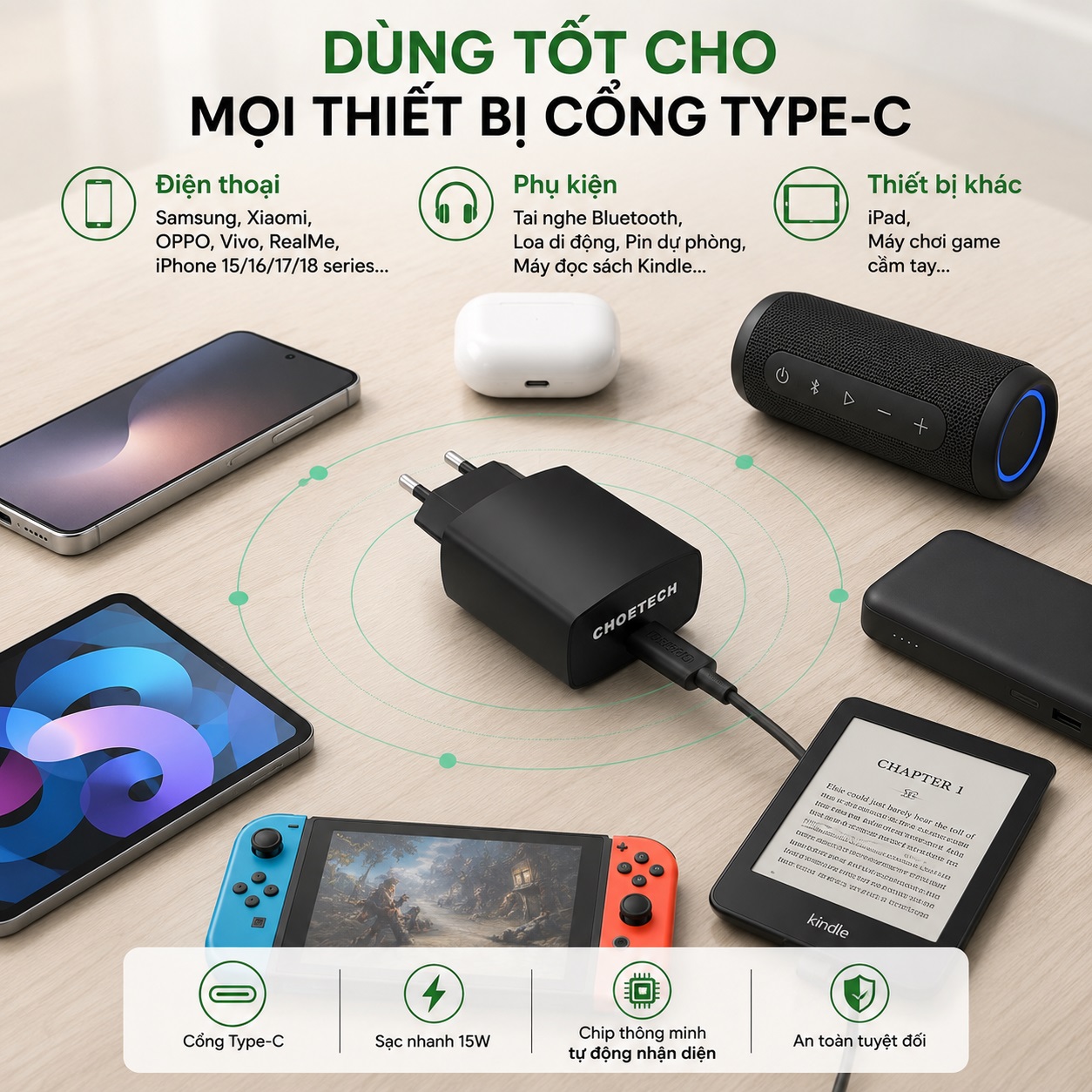 Bộ Củ Sạc Nhanh CHOETECH TC001 PD 3.0 15W Type-C | Tặng Cáp Type-C Sạc Nhanh An Toàn Pin Chip IC Thông Minh Cho iPhone Samsung Xiaomi OPPO Vivo cho iPad Tai Nghe Pin Dự Phòng - Hàng nhập khẩu