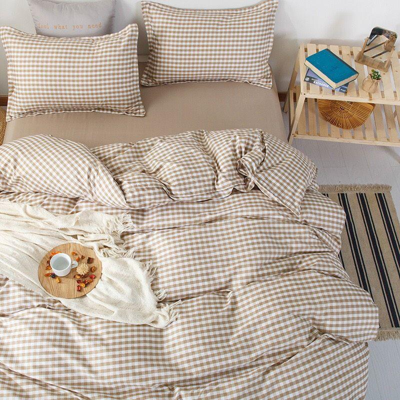 Bộ chăn ga gối caro be Cotton Poly cao cấp LEEBedding, chăn ga Hàn Quốc, miễn phí bo chun drap ga giường theo yêu cầu