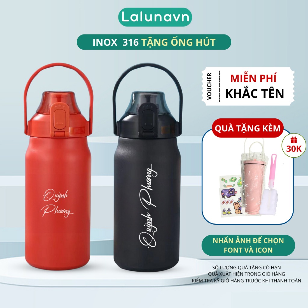 Bình Nước Giữ Nhiệt Laluna khắc tên chất liệu Thép Không Gỉ 316 1300ml Chất Lượng B165