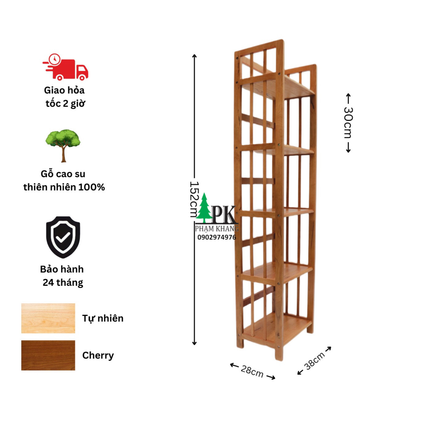 Kệ sách gỗ Phạm Khang 5 tầng rộng 38cm màu vàng cherry