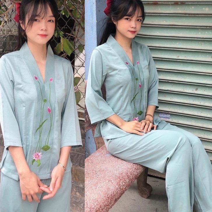 ĐỒ LAM ĐI CHÙA Mẫu Sen Vải Lụa Pháp Cao Cấp