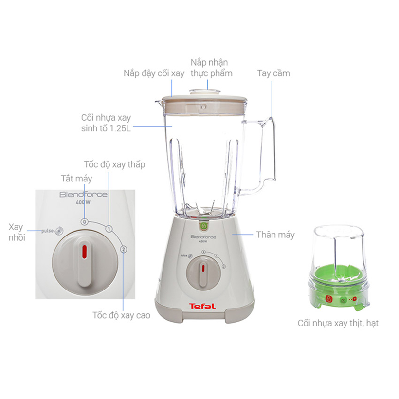 Máy xay sinh tố cối nhựa Tefal BL307165 400W/1.5L (Trắng) - Hàng chính hãng