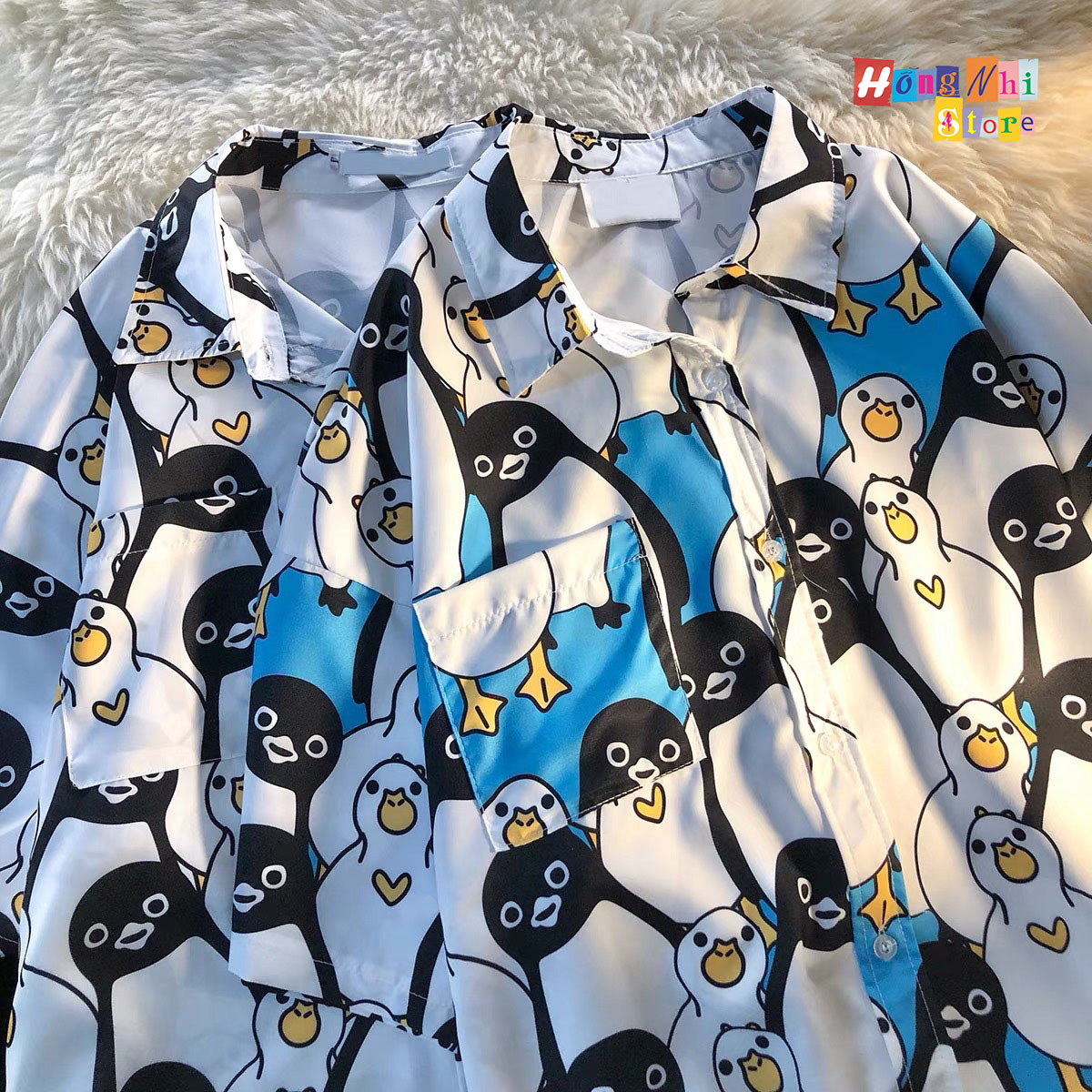 Áo Sơ Mi Hoạ Tiết Chim Cánh Cụt Tay Lỡ Dáng Rộng Ulzzang Unisex, Sơ Mi Đi Biển - MM
