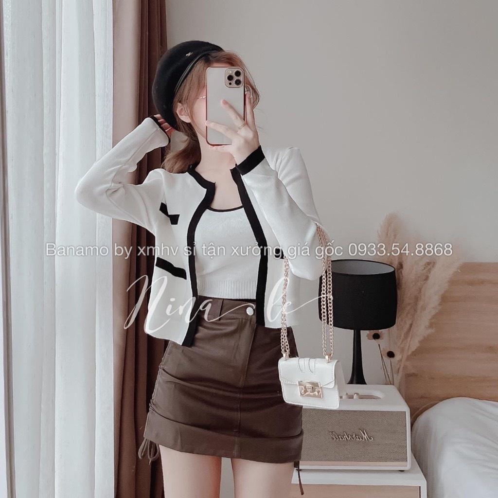 Chân váy da dây rút 2 bên chất da mềm màu đen nâu kem hottrend cá tính thời trang Banamo Fashion 5912